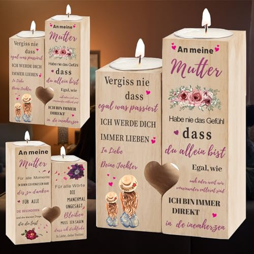 Doppelseitig Bedruckter - Kerzenständer Geschenk für Mama von Tochter Deutsch, Herz-Kerzenhalter-Holz, Mutter Tochter Personalisierte Geschenk, Geburtstagsgeschenk & WeihnachtenGeschenke für Mama
