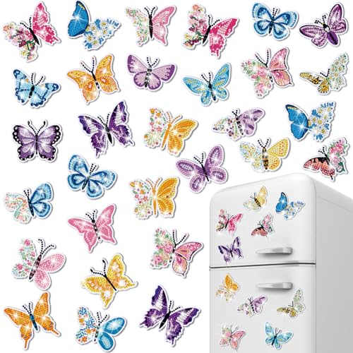 Copkim 30 Pcs Diamond Art Magnets Refrigerator Easy Art Kits Fridge Diamond Painting Magnets Stickers for Adults DIY Home Decors Flower Butterfly(Butterfly)