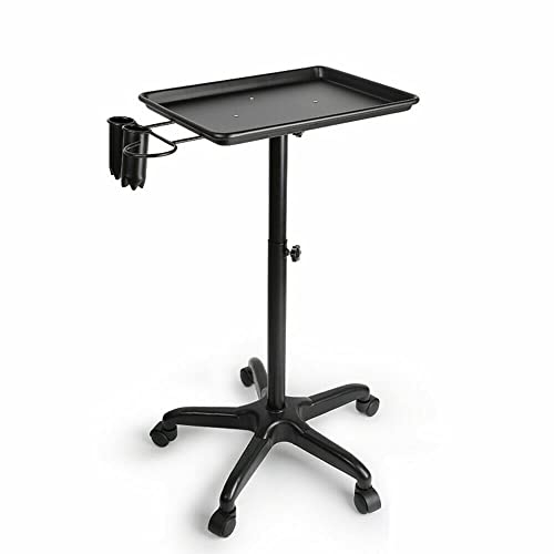 TRIEBAN Tattoo-Tablett-Salonwagen, rollendes Salon-Tablett, Aluminium-Trolley, Ausrüstung auf Rädern und höhenverstellbar für Dentalwagen, Friseurwagen (Schwarz mit Haartrocknerständer)