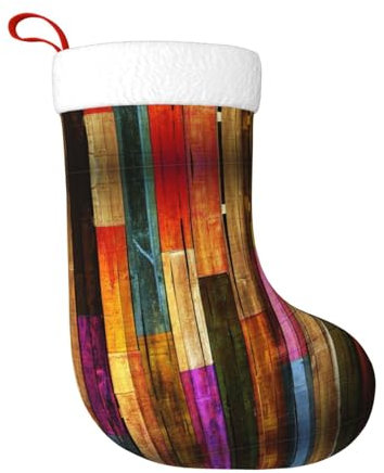 SSIMOO Bunte Holz Weihnachtstag Thema Weihnachtsstrumpf - Vintage Entzückende Feiertagsdekoration, Weihnachten Essentials