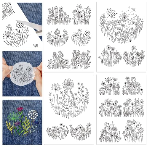 GLOBLELAND 4 Blatt, 18 Stück, Blumen, Wasserlösliche Handnähstabilisatoren Für Stoff, Löwenzahn, Gänseblümchen, Stickmuster, Übertragungen Für Stickanfänger, Liebhaber