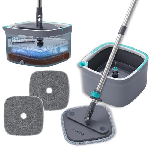 TRUE & TIDY Square Spin Mop & Bucket System – Dual Chamber for Clean & Dirty Water, 360° Rotating Self-Wringing Mop with Built-in Scrub Brush, Stainless Steel Handle & 2 Reusable Microfiber Mop Pads