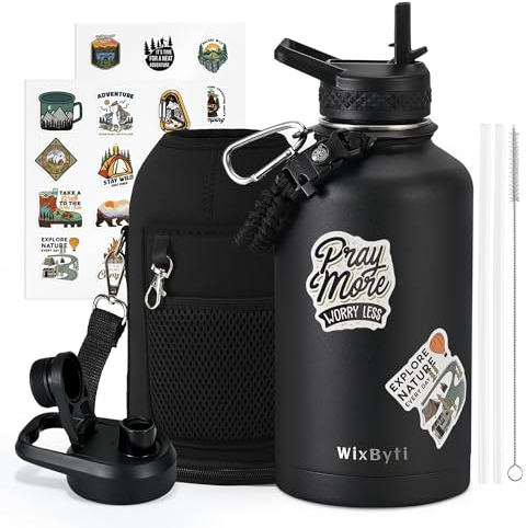 WixByti 64 oz Insulated Water Bottle with Straw (Cold for 48 Hrs), Half Gallon Stainless Steel Triple Wall Vacuum Sports Water Jug, Leakproof Hydro Cup Flask with Straw Spout Lids & DIY Stickers