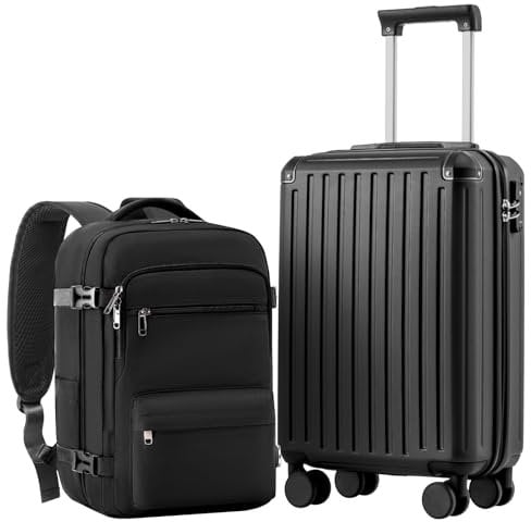 COOLIFE Handgepäck Koffer 55X35X20cm und Kabinen Rucksack 20L(40X25X20cm) Set für Ryanair Flugzeug Handgepäck Kabinengepäck Hartschlagenkoffer Reiserucksack Klein mit TSA-Schloss