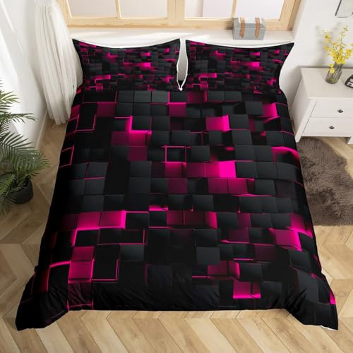 Housse de couette rose vif fluo à carreaux géométriques pour filles, enfants, adolescentes, femmes, housse de couette à carreaux abstraits, motif mur de briques stéréoscopiques, pour très grand lit