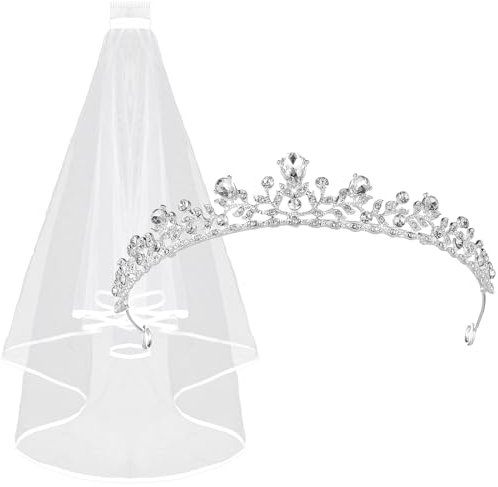 Brautschleier, Krone, Hochzeitsschleier und Kopfschmuck für Damen, Schleier und silberfarbene Legierung, Schleife, Strass, Blumen-Stirnband mit Kranz, Krone, Schleier, Strasskrone, weißer Satin für