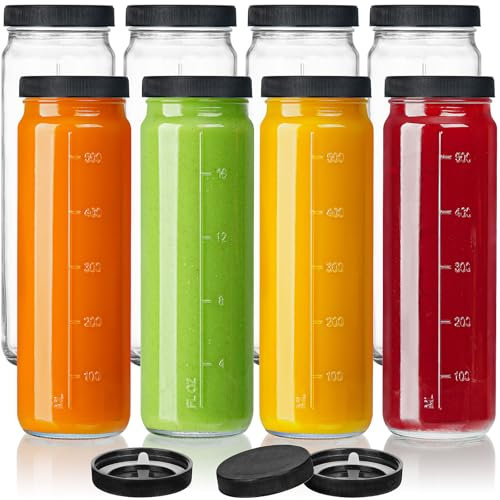 Absovetu Confezione da 8 bottiglie in vetro con coperchio, 600 ml, bottiglie per latte con coperchio, vuote, per acqua, frullati, succhi, latte, tè freddo