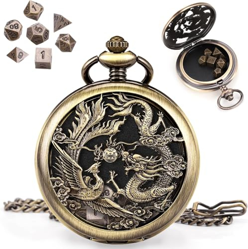 ManChDa Mini DND Würfel Set Steampunk Drache & Phoenix Taschenuhr Gehäuse, 7-Teilig Polyedrisches Metall D&D Würfel Set, DND Geschenke mit Geschenk Box, Rollenspiel Brettspiel Zubehör Würfel, Bronze