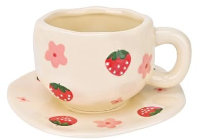 Koythin Ceramic Coffee Mug with Saucer Set, Cute Strawberry Flower Cup Unique Irregular Design for Office and Home, 10 oz/300 ml for Latte Tea Milk