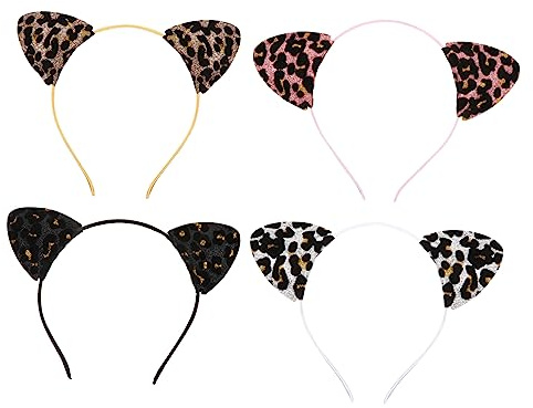 4 Stück-pack Katzenohren Haarreifen mit Leopardenmuster und Glitzer | Gewebe Ausführung, für Halloween und Party, Kreative Form für Damen und Mädchen