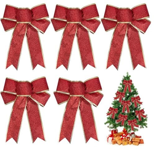 TUONYIS 5pcs Large Christmas Bows Red Glitter Bows for Christmas Tree Decoration Glitter Red Christmas Tree Decoration Bows Christmas Decorative Bows Christmas Bows Decorative Xmas Decor Wreath (Red)