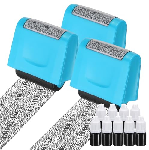 PATIKIL Identity Theft Protection Roller Stamp, 3Pcs 0.7 Confidential Roller Stamp Privacy ID Police Stamp Roller for Security ID Address with 9Pcs Refills, Blue