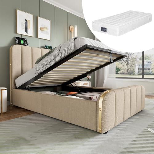 RanRan Polsterbett Einzelbett, gepolstertes Kopfteil mit goldenen Zierstreifen und,USB Typ-C Ladefunktion, Beige Leinen-Material Hydraulisches Lagerbett,90 * 200 cm (1, Mit Matratze)