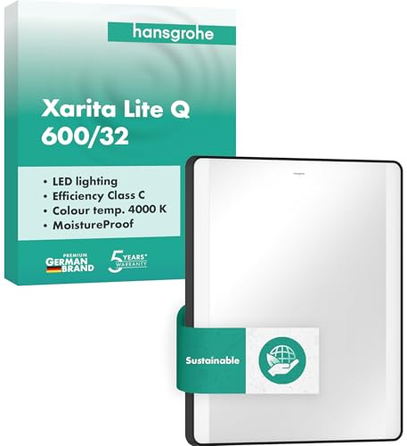 hansgrohe Xarita Lite Q - Spiegel mit Beleuchtung, Badezimmerspiegel mit seitlicher LED-Beleuchtung, Badspiegel 600x700x30 mm, Lichtsteuerung über Wandschalter, Aluminiumrahmen, Mattschwarz, 54962670