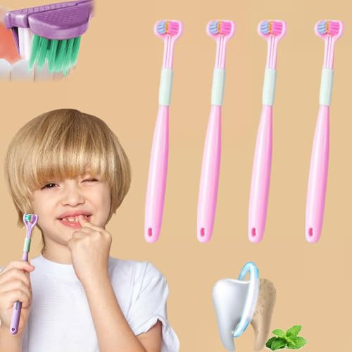 Donubiiu Amalios Triplebrush FüR Kinder,2025 Neu Amalios KinderzahnbüRste,Amalios ZahnbüRste,4 StüCk Dreiseitige ZahnbüRste FüR Kinder 1-14 Jahre (Pink,1-6 Jahre)