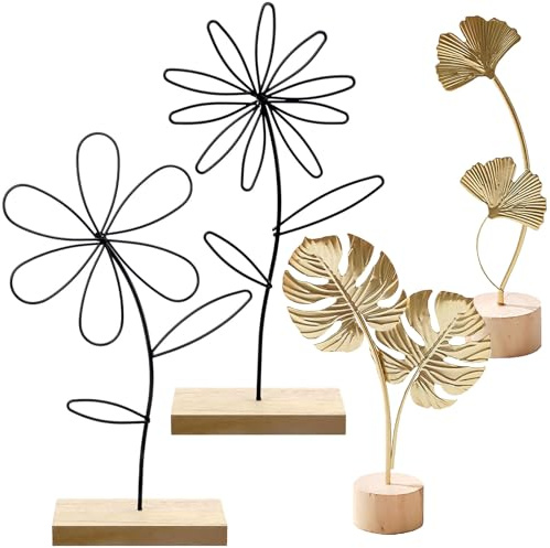 NINGYER 4-Teiliges Set Holzdeko zum Hinstellen, Deko Aufsteller Blume, Deko Skulptur Blatt für Büro/Wohnzimmer/Schlafzimmer/Bücherregal (Schwarz, Gold)