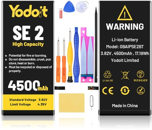 Yodoit Batteria di ricambio da 4500 mAh per iPhone SE 2020 (SE 2a generazione) ad alta capacità 0 cicli batteria per A2275, A2296, A2298 con kit di riparazione