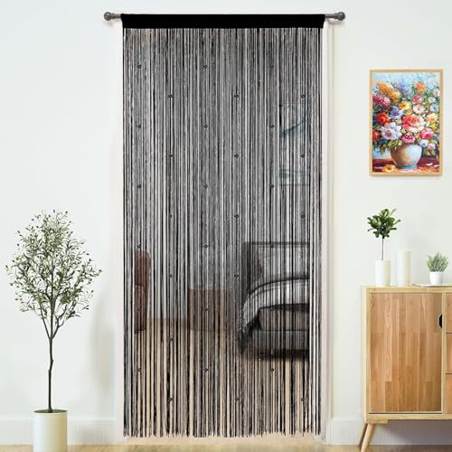 AHEJIOO Fadenvorhang Fliegenvorhang Tür 100 x 200 cm Schwarz Insektenschutz Balkontür Terrassentür Dekor, Perlenvorhang