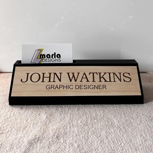Marla Designs Personalised Wooden Desk Name Plate with Business Card Holder, Custom Office Sign, 14.5 x 5.5 cm, Modern Style (Available in 3 Sizes)