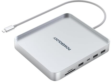 Powerology USB-C Dock with SSD Enclosure USB 3.2, 10Gbps, Compatible with iMac 24”, USB-C Hub, Non-slip Base, Supports NVMe/SATA, Aluminum Micro SD Slot SD Slot - Silver