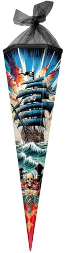goldbuch 98 159 Schultüte 85 cm Piratensturm, Zuckertüte 6-eckig, Geschenktüte mit Piraten-Motiv, Geschenkverpackung aus Lackkarton, Einschulungstüte mit schwarzem Netzverschluss, ca. 85 x 24 x 20 cm