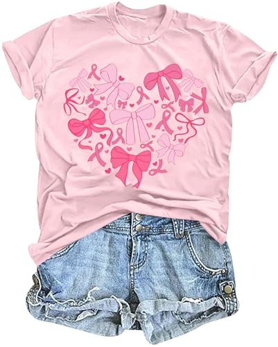 tiorhooe Octobre Rose T-Shirt Ruban Rose T Shirt Femme Cancer du Sein Tee Shirt