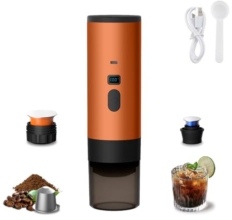 Générique Machine a Cafe Portable 3 en 1, Machine à Café Multi Capsules Avec Écran LED et Type-C, Chauffage Auto en 5-8 Minutes, Pour Camping, Bureau (Orange (sans support ni sac en velours))