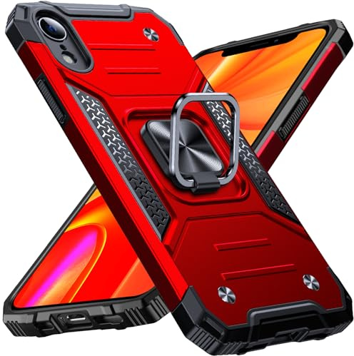 Anqrp Heavy Duty Case for iPhone XR Case with Enhanced Ring Holder Grip Stand, Military Grade Shockproof Rugged Drop Protective Silicone Hard iPhone XR Phone Case Cover, Red