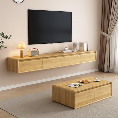 LVRUIEDS Floating TV Unit - Wall Mounted Media Console with 2 Flip-Down Doors & 2 Drawers Entertainment Center TV Cabinet, Video Shelf for Home Room (Wood, 160CM)