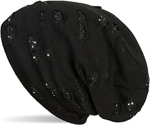 styleBREAKER warme Feinstrick Beanie Mütze im Destroyed Pailletten Look und weichem Fleece Innenfutter, Slouch Longbeanie, Damen 04024127, Farbe:Schwarz