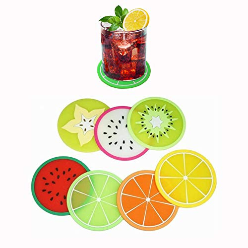 Lot de 7 Dessous de Verre Créatifs en Silicone - Rond Tapis de Tasse Motif Fruits pour Boissons, Café, Thé, Verre, Cuisine, Salon et Bar, Restaurant