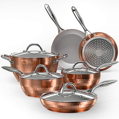 COOKSMARK 10-teiliges Keramik-Kochgeschirr-Set mit Antihaftbeschichtung, kratzfest, mit Deckel, spülmaschinenfest, ofenfest, Kupfer