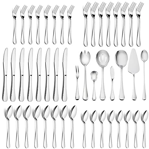 HaWare Silverware Set, 48-Piece Stainless Steel Flatware Cutlery Set, 40-Piece Dinner Knives/Spoons/Forks, Additional 8-Piece Serving Set, Service For 8, Mirror Polished, Dishwasher Safe