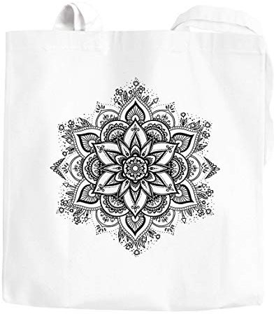 Jutebeutel Mandala Ornament Bohemian Boho Ethno Baumwolltasche Stoffbeutel Tragetasche Autiga® weiß 2 lange Henkel