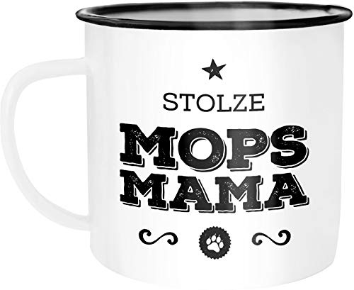 Moonworks Emaille Tasse Becher Stolze Mops Mama Mops Besitzerin Hundebesitzerin Kaffeetasse weiß-schwarz unisize