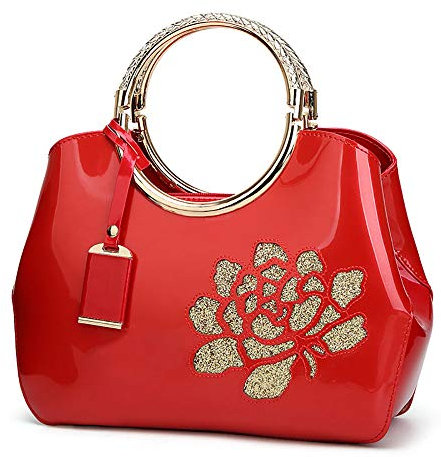 Borsa da donna, Borsa in pelle verniciata, Elegante borsa con manico superiore Ricamo di fiori Borsa a tracolla moda a tracolla per la festa serale, Matrimonio, lavoro, Rosso