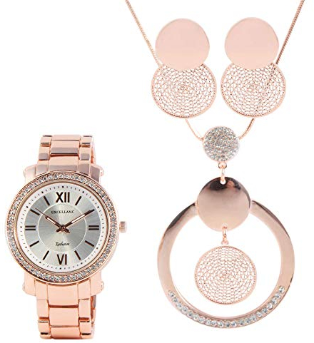 Excellanc Damen-Schmuckset Uhr Kette Ohrringe Strass Analog Quarz 1800175 (roségoldfarbig)