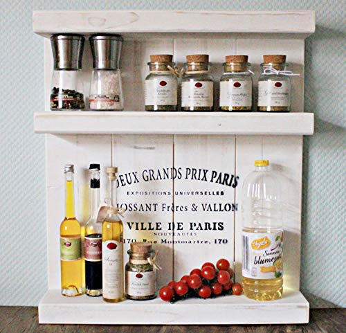 Dekorie Gewürzregal aus Holz - für die Wand oder stehend - Vintage Weiß - 3 Stellflächen - 57 x 50 x 12 cm - Massivholz