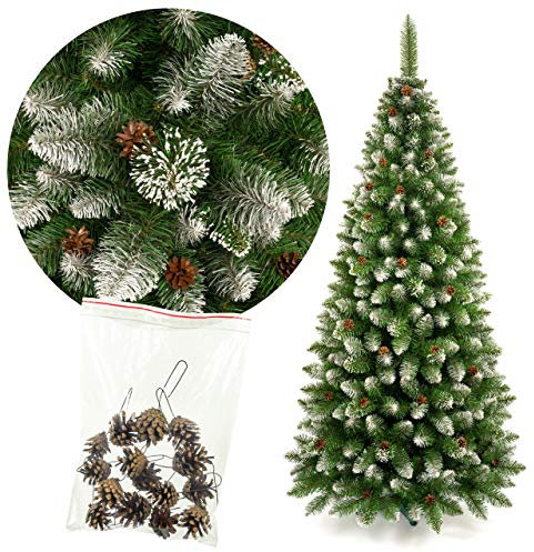 FKL DESIGN Home Deco Weihnachtsbaum Künstlich Christbaum - Tannenbaum mit Ständer und Zapfen - Weihnachtsdeko Weihnachten - Dekoration mit Schnee Efekt - Weiß-Grün, Höhe 120 cm