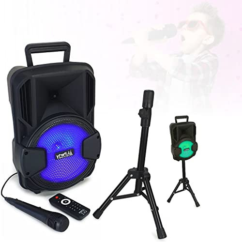 IBI - Karaoke Enfant Pack Complet Enceinte Sono + Pied + Bluetooth + USB MP3 + Micro idéal Cadeau de noël Anniversaire Petite Fiesta