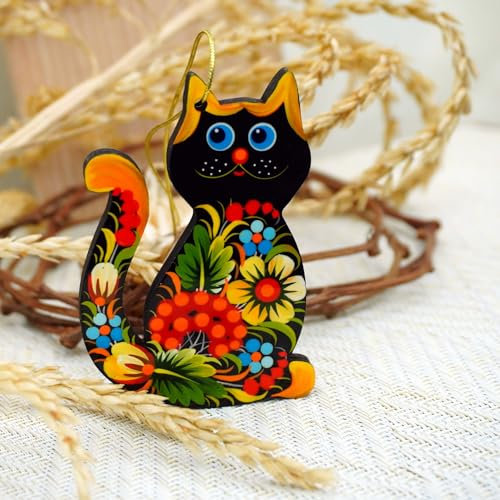 Katze Christbaumschmuck aus Holz Beidseitig Handbemalt 8.5 х 7 х 0.5 cm Ukrainische Petrykiwka Malerei Kunsthandwerk Katzenliebhaber Geschenk Tiere Anhänger Weihnachtsschmuck (Bunt)…