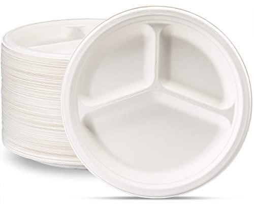 HOT BARGAINS 100 X 3 Compartment Plates Disposable 100% Compostable Heavy Duty Eco Friendly Plates Size 10(254mm) Manufacture Sealed