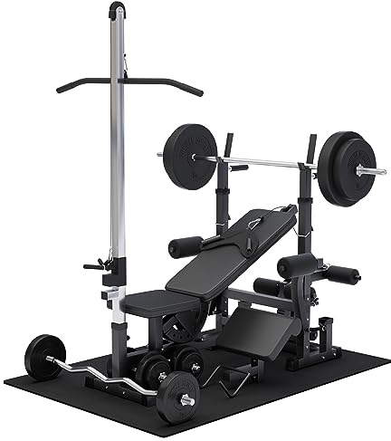 GORILLA SPORTS® Kraftstation - Hantelbank mit verstellbare Hantelablage, Latzugturm, Butterfly, Curlpult, Beincurler und 100 kg Hantelset - Trainingsbank, Fitnessstation, Trainingsstation