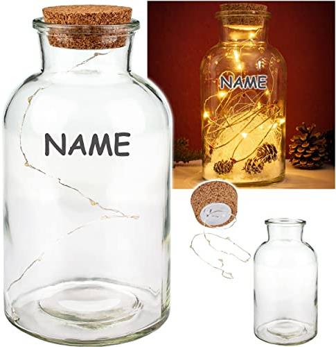 alles-meine.de GmbH LICHT Dekoglas - 8 Stück LED Leer - zum SELBER Befüllen inkl. Name - 22 cm - Licht im Einmachglas - Marmeladenglas - Flasche - Weihnachtsflasche - Lichter..