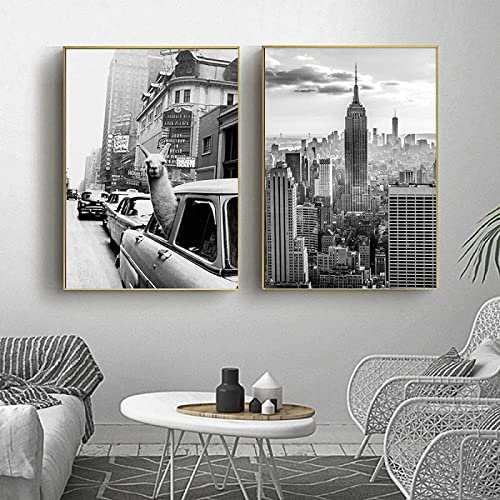 WTEVMAIY Leinwandbild, Vintage-Wandposter, Lama im Taxi auf Times Square, Kunstdruck, Bild New York City, Wandkunst für Heimdekoration, rahmenlos, 50 x 70 cm, 2 Stück