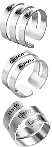 JewelryWe Schmuck 3pcs Personalisiert Ring Herren Damen mit Namen Gravur Namensring Edelstahl Breit Offener Twist Ring verstellbar Bandring Fingerring Silber