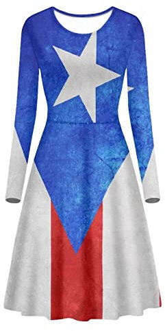 Suhoaziia Langärmeliges Kleid für Damen und Mädchen, lässig, weich, Rundhalsausschnitt, knielang, hohe Taille, usa-flagge, X-Large