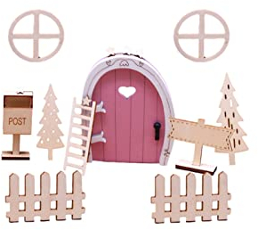Wichteltür Zubehör Weihnachten Set, Weihnachtswichtel Tür Set Weihnachtsdeko Elfentür, Wichtelhaus Holz Wichtel Tür mit Miniatur Briefkästen, Zäun, Leiter Weihnachten Feentür Ornament Set (Rosa)
