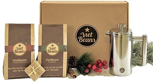VietBeans Kaffee Geschenkset French Press klein - Geschenke für Kaffeeliebhaber - Kaffeebereiter French Press und zwei exklusive Kaffeesorten - Kaffee Geschenk - Geschenkidee Kaffee (Ganze Bohne)
