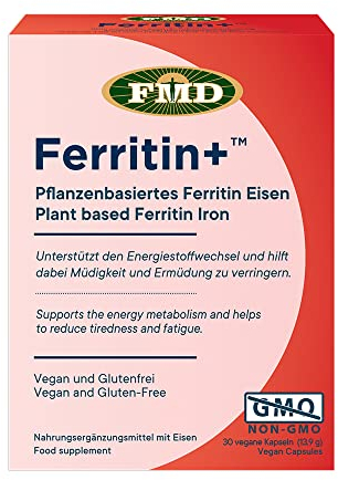 Ferritin+™ Eisen, 30 Kapseln, Sehr gut verträglich und Bioverfügbar, Pflanzenbasiert, Magensaftresistente Kapsel führt zu guter Aufnahme im Darm
